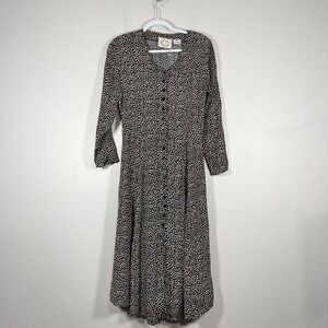 VTG Erika Prairie Midi Dress Womens Medium Black Ditsy Floral Buttons Lace Up